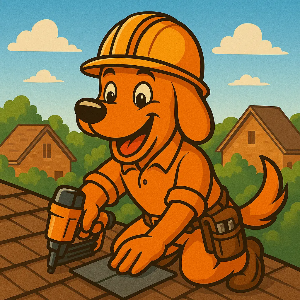 Charli b the roofing dog rushing to fix an emergency roof repair in Keller, TX for On Point Roofing.