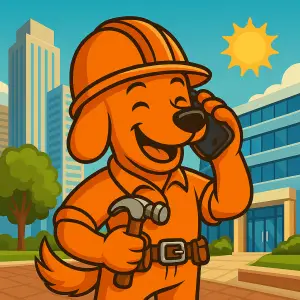 On Point Roofing’s mascot smiling outside high-rise building in DFW area
