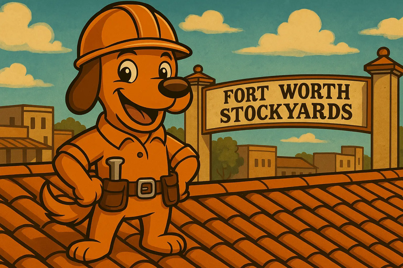 Charli b the roofing dog stands on a North Fort Worth roof near the Stockyards, representing trusted roof repair in 76137.