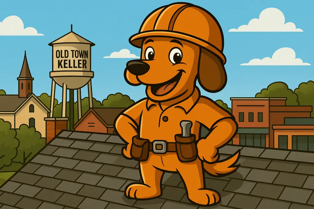 Charli b the roofing dog standing confidently on a roof with Old Town Keller's water tower in the background, representing trusted roof inspections, repairs, and replacements in Keller, TX.
