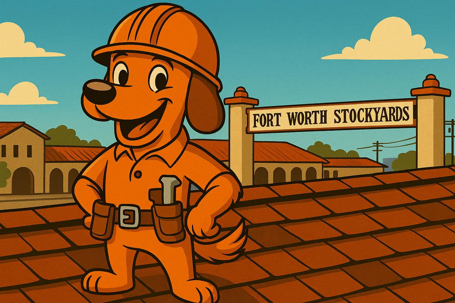 Charli b the roofing dog standing on a North Fort Worth roof with the Fort Worth Stockyards in the background, representing On Point Roofing's expert replacement services.