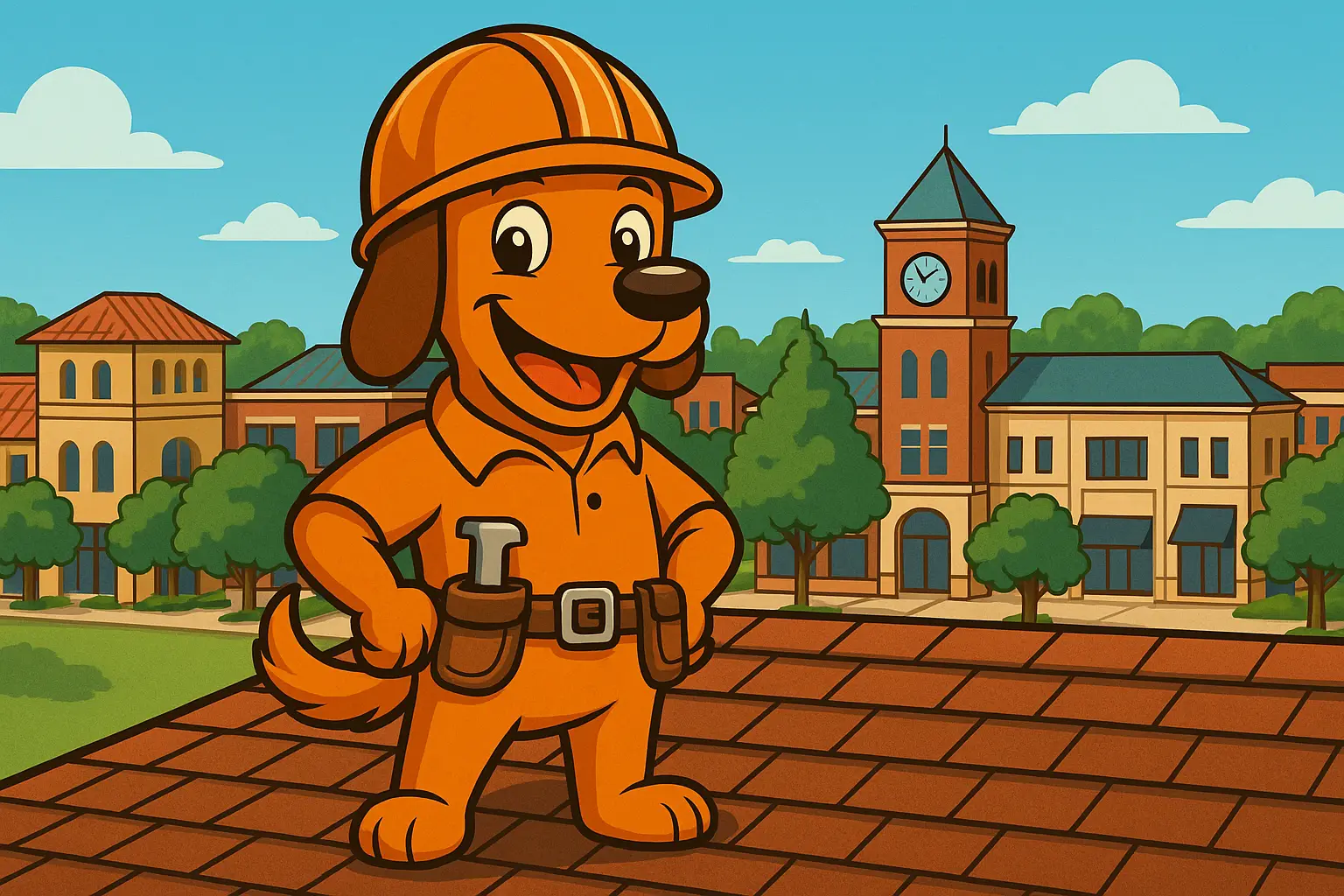 Charli b the roofing dog replacing a roof in Southlake Town Square, proudly standing with tools after a successful install by On Point Roofing.
