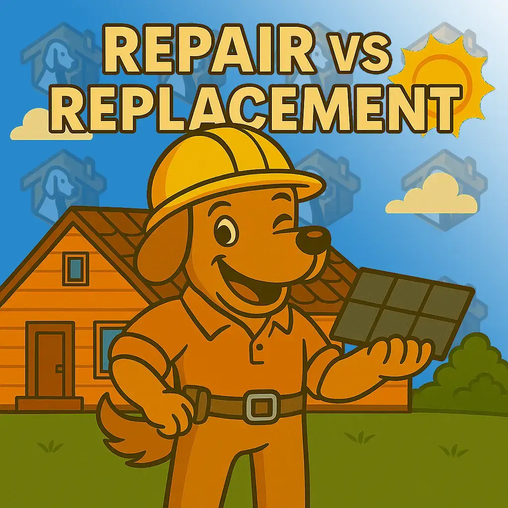 "Charli b roofing mascot in orange hard hat smiling in front of house with text 'Repair vs Replacement' for On Point Roofing in Keller TX
