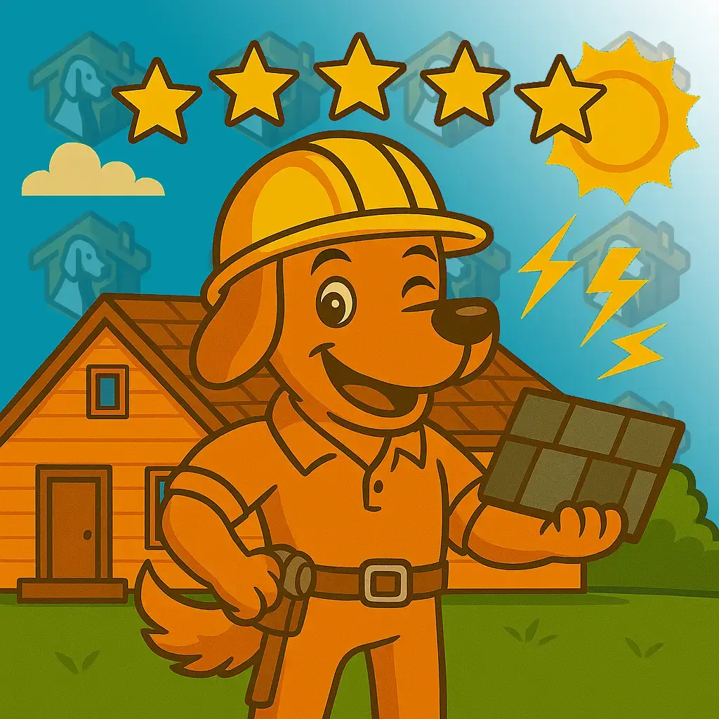 On Point Roofing mascot Charli b winking with 5 stars and energy bolts — trusted energy-efficient roofing expert in 76244 Keller TX