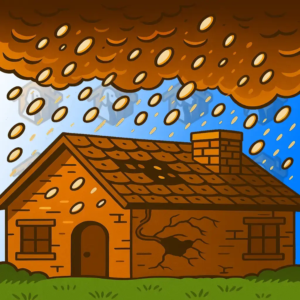 Cartoon-style illustration of a Keller TX home with visible hail damage on the roof during a storm, used in a blog about hail damage roof inspections by On Point Roofing