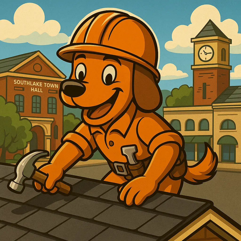 Charli b the on point roofing dog repairs a shingle roof in front of Southlake Town Hall.