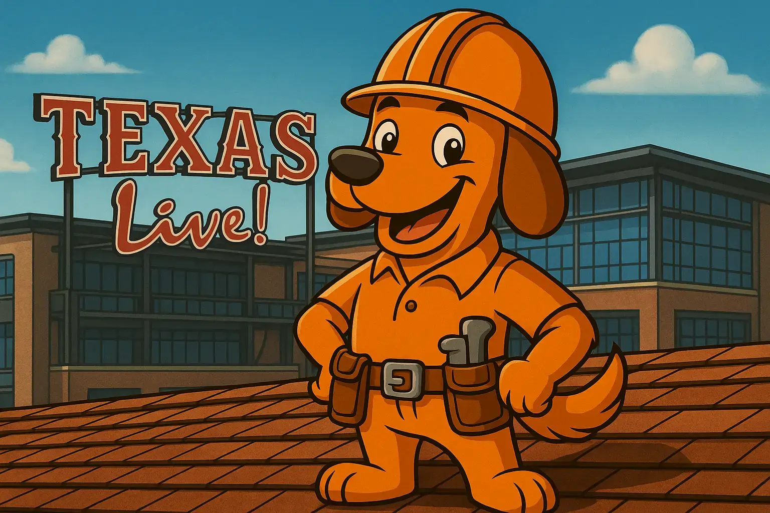 Arlington roof replacement visual with Charli b and Texas Live in the background.