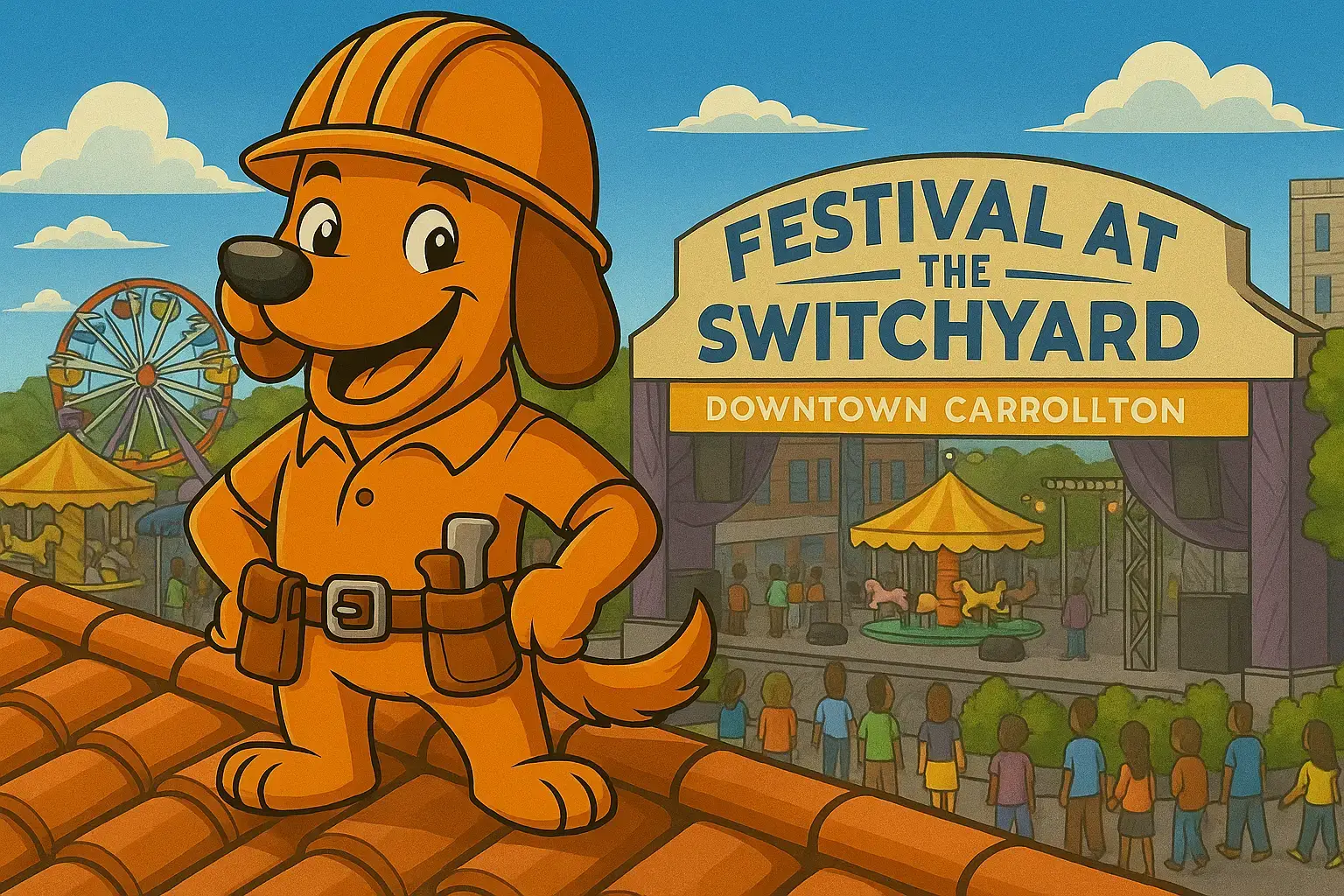 Carrollton roof replacement image with Charli b and a festival backdrop.