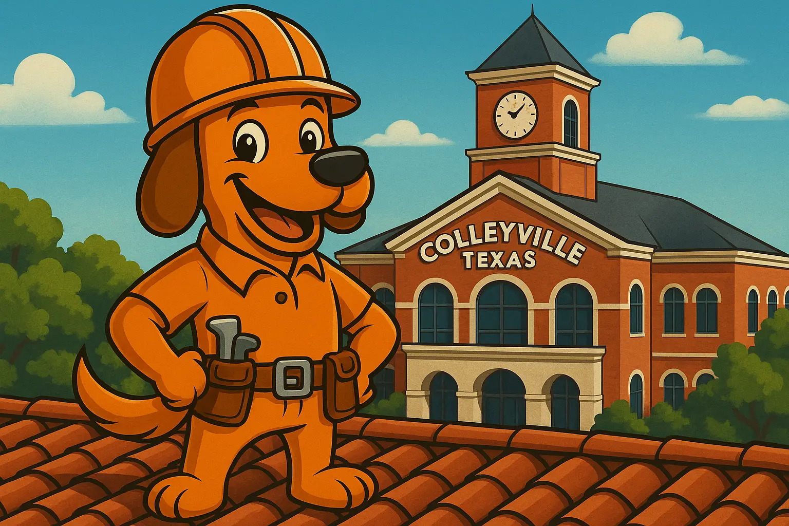 Charli b the roofing dog mascot on a Colleyville rooftop near Glade Road after spring storm damage.