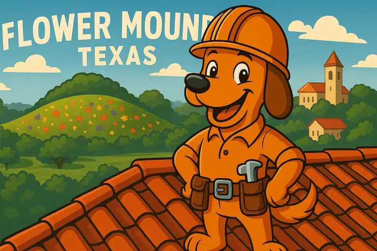 Charli b the roofing dog on a Flower Mound roof with the namesake hill behind him, reppin’ On Point Roofing.