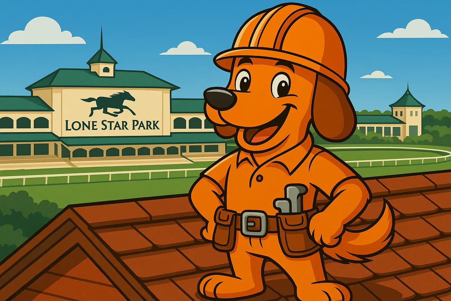 Charli b inspecting a Grand Prairie roof with Lone Star Park visible