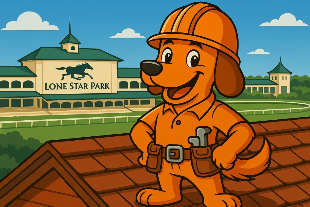 Charli b on a roof with Lone Star Park in the background – Grand Prairie roofing blog