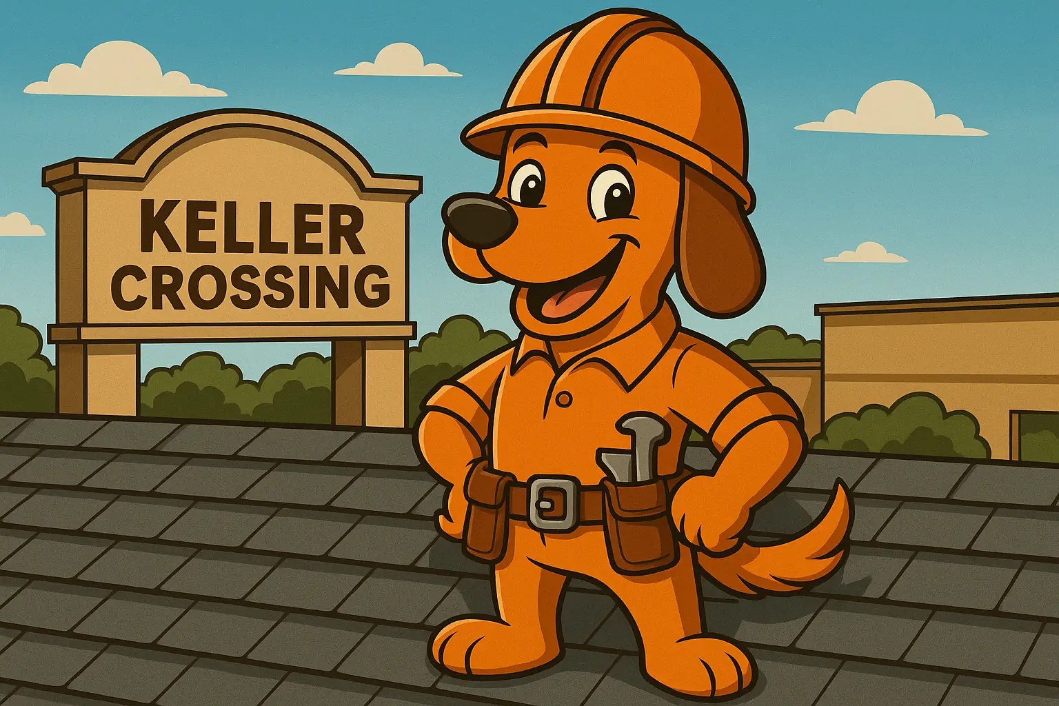 Charli b the roofing dog mascot on a rooftop in Keller, TX, near Bear Creek Park after a storm.