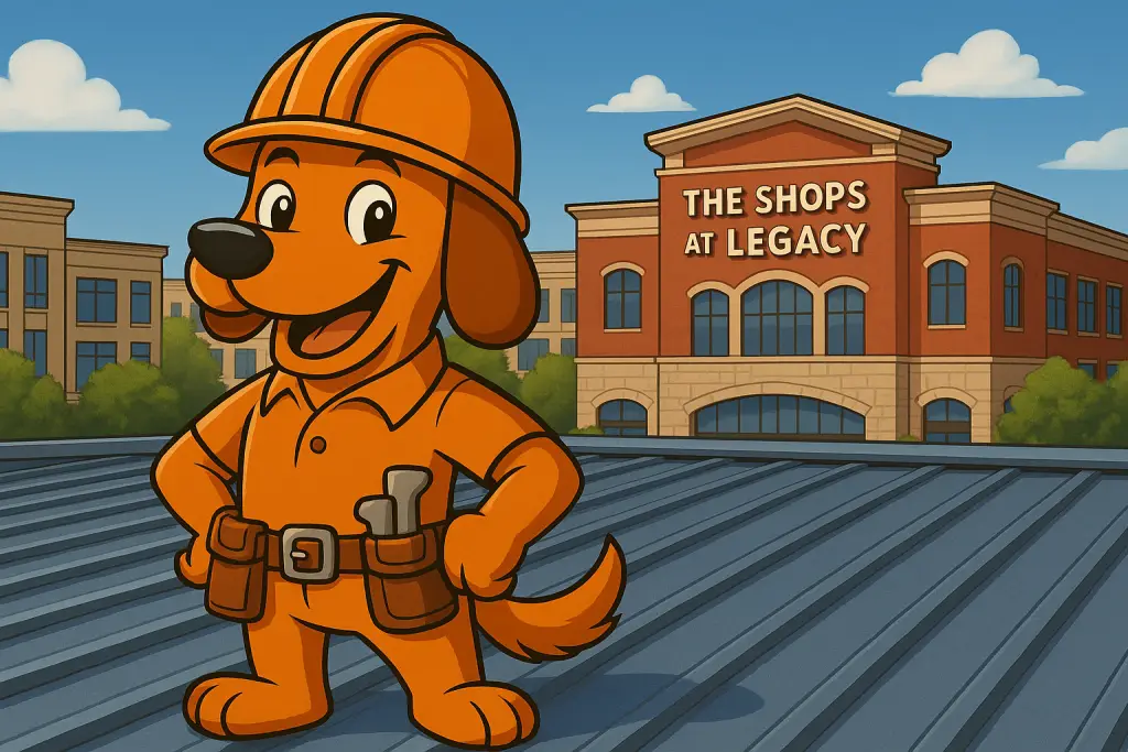 Charli b the orange roofing dog on a metal roof above The Shops at Legacy in Plano, TX