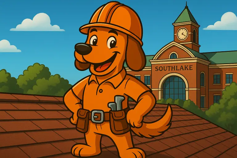 Charli b the orange construction dog mascot on a Southlake roof near Town Square after spring storm damage.