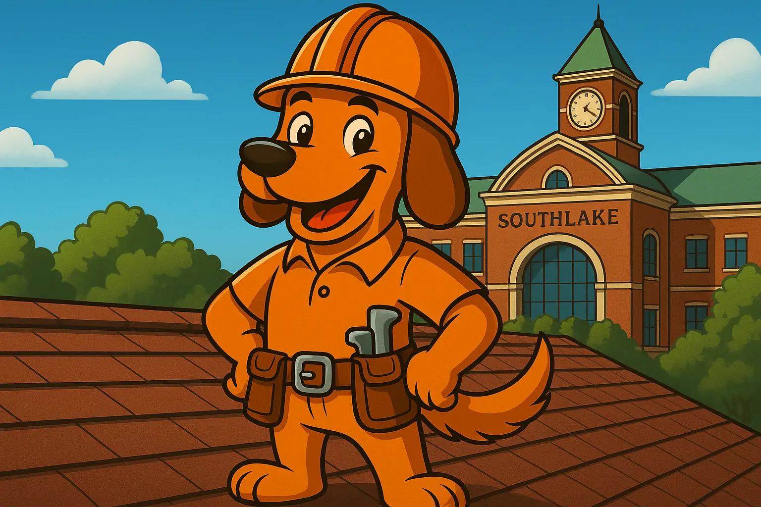 Charli b the orange construction dog mascot on a Southlake roof near Town Square after spring storm damage.