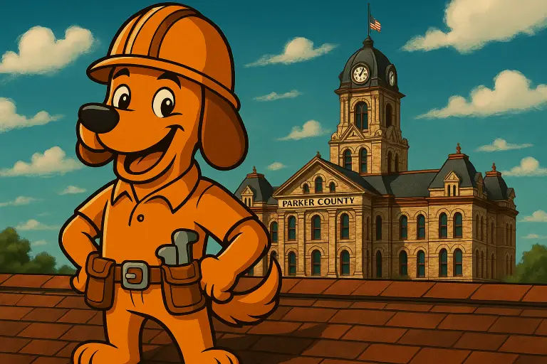 Texas roofing dog with courthouse background for Weatherford blog