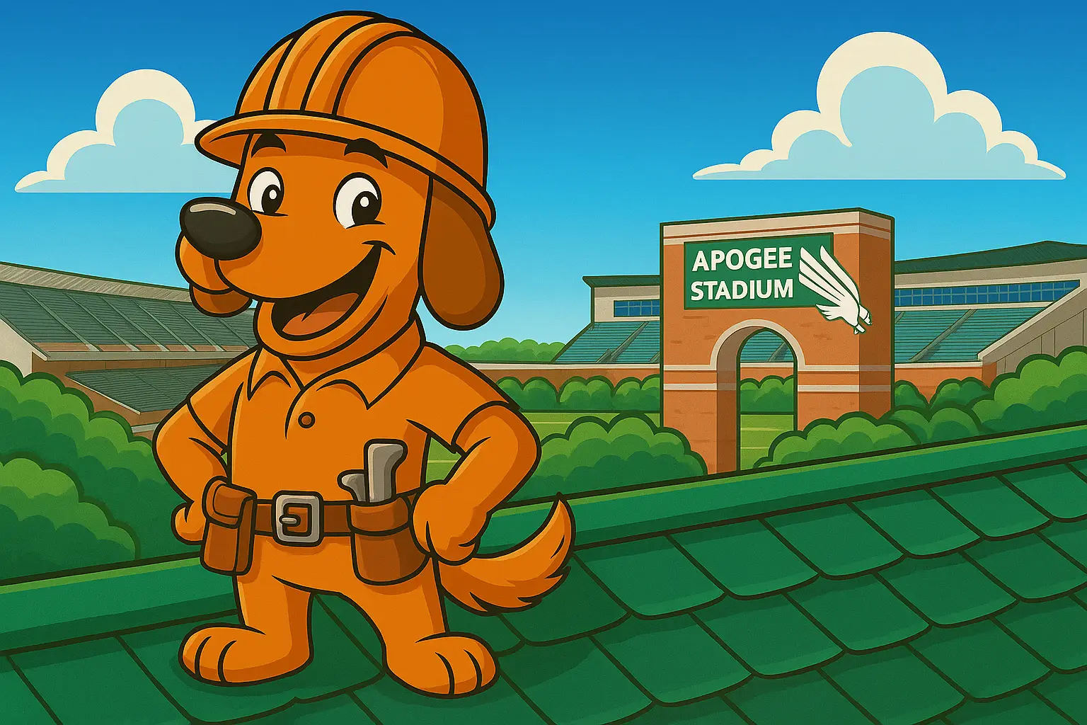 Denton TX roofer mascot Charli b near UNT stadium