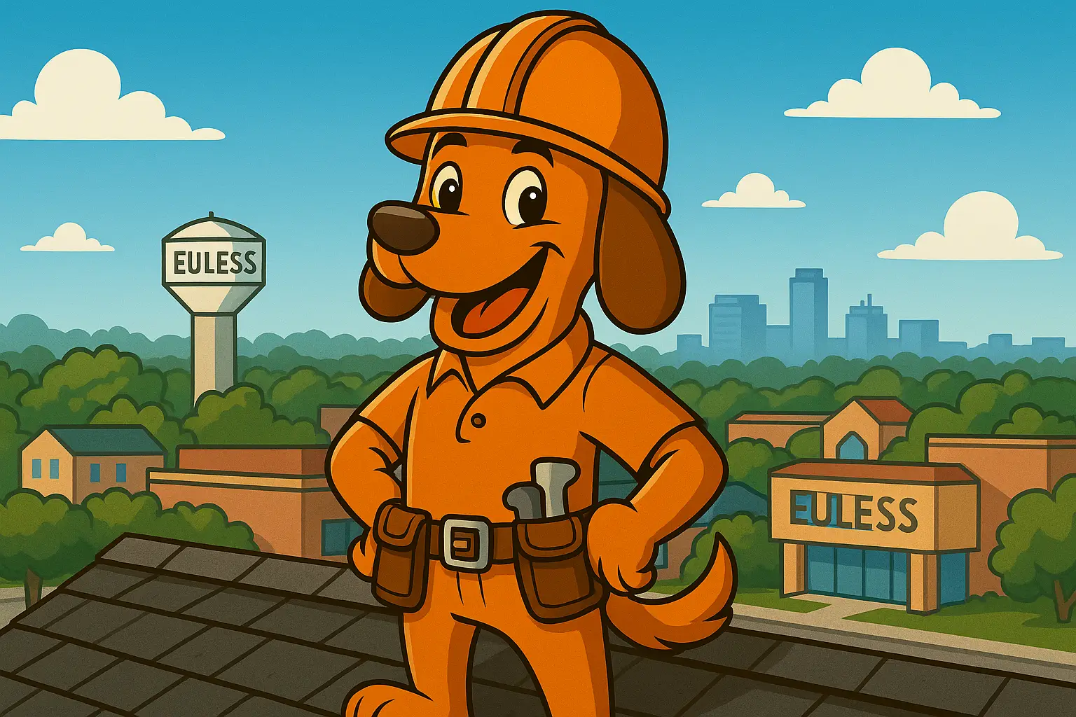 Roofing dog Charli b with Euless water tower and skyline in the background
