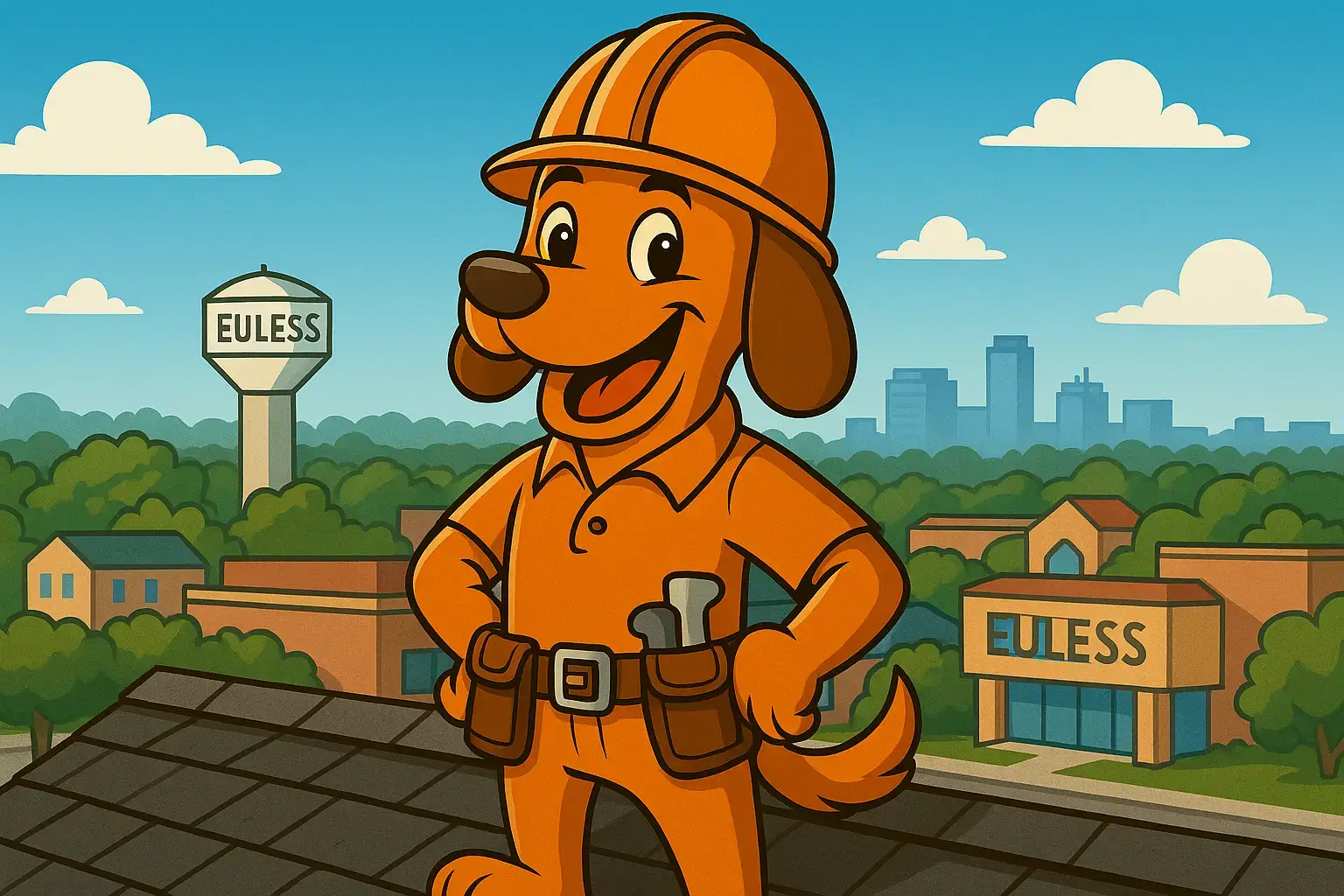 Roofing dog mascot inspecting Euless rooftops for storm damage