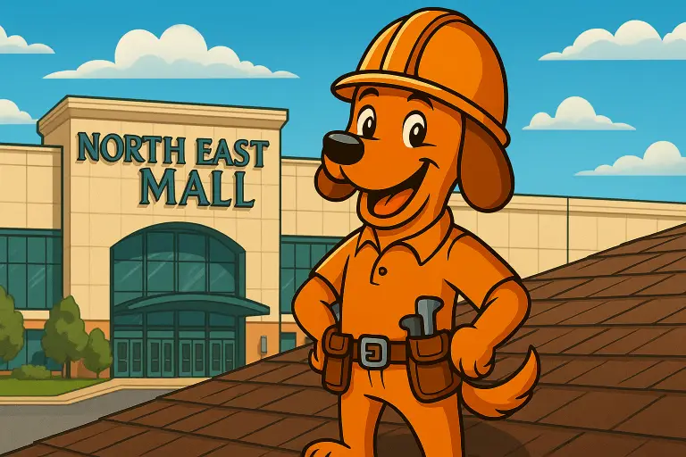 Charli b on roof patrol above North East Mall in Hurst, TX for repairs, replacements, and inspections