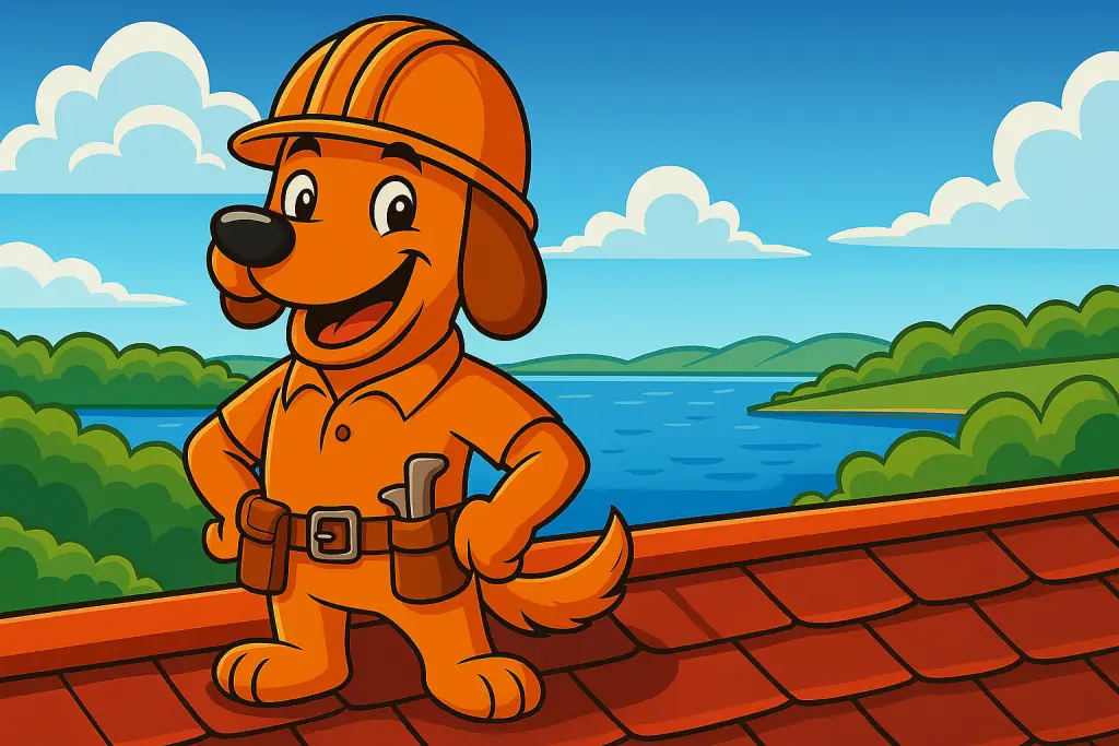 Charli b the roofing dog on a Lewisville roof with lake in background