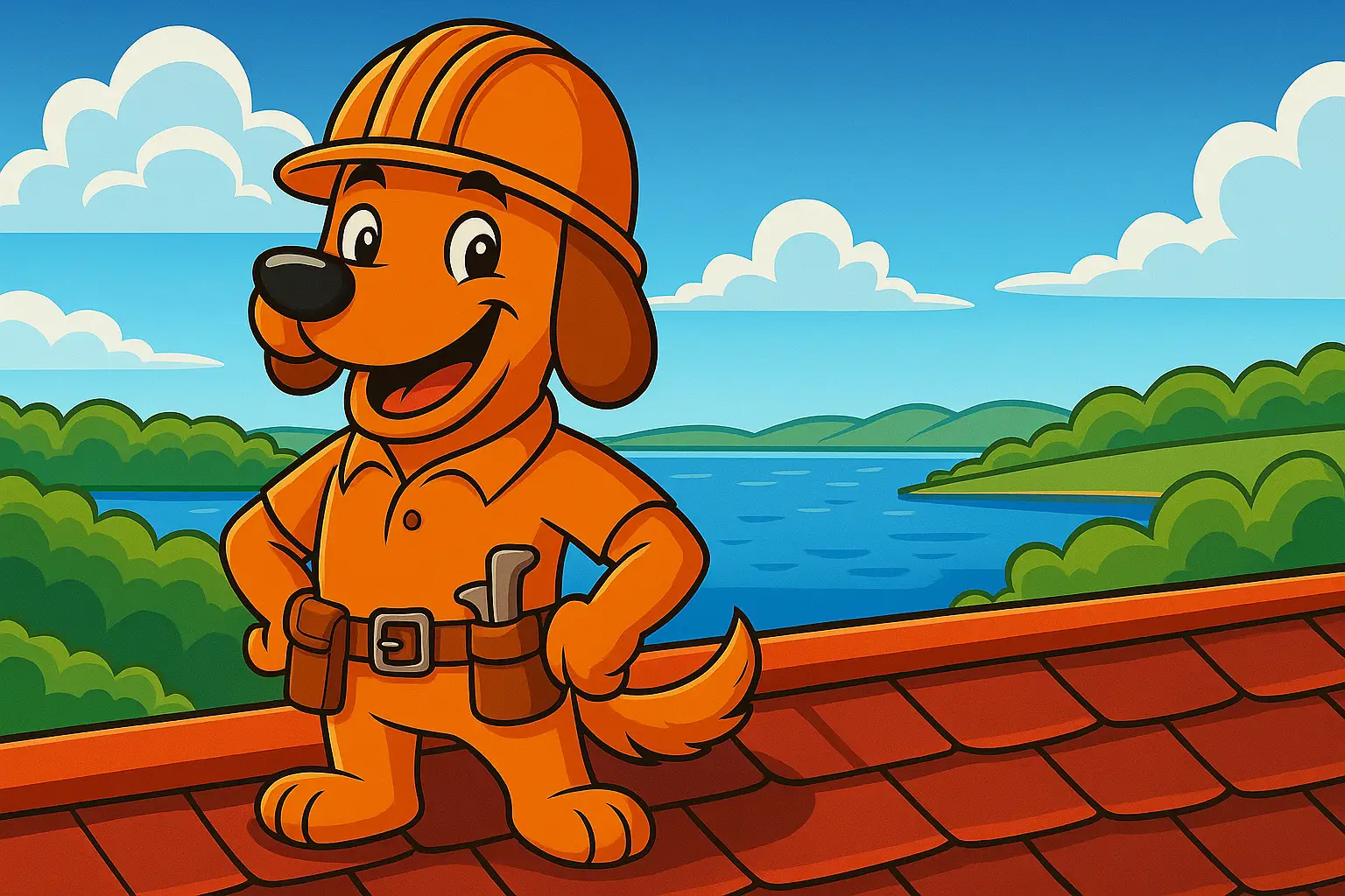Charli b the roofing dog on a Lewisville roof with lake in background