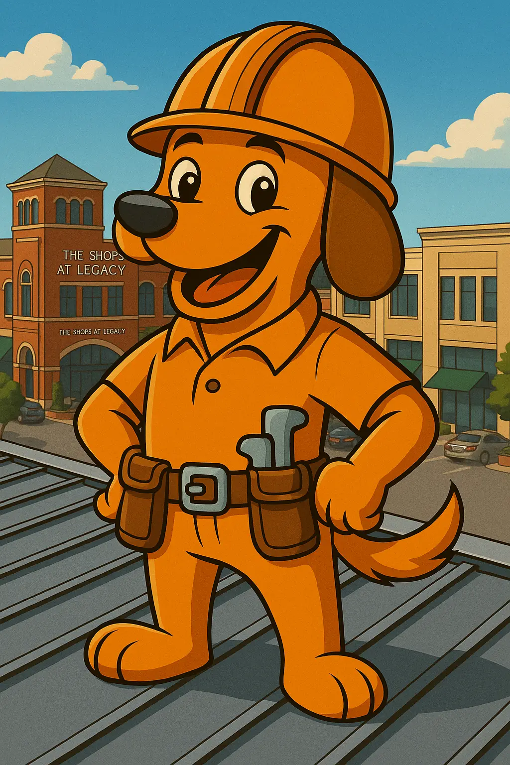 On Point Roofing’s mascot Charli b on a metal roof above The Shops at Legacy