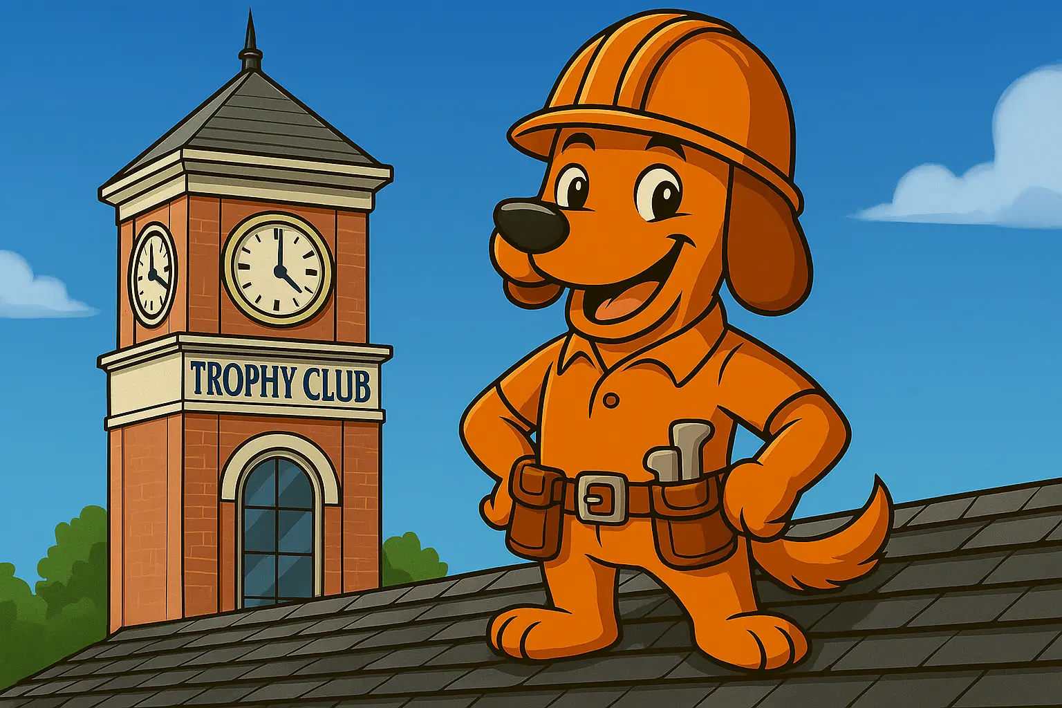 Roofing dog Charli b on a roof with Trophy Club clock tower behind him