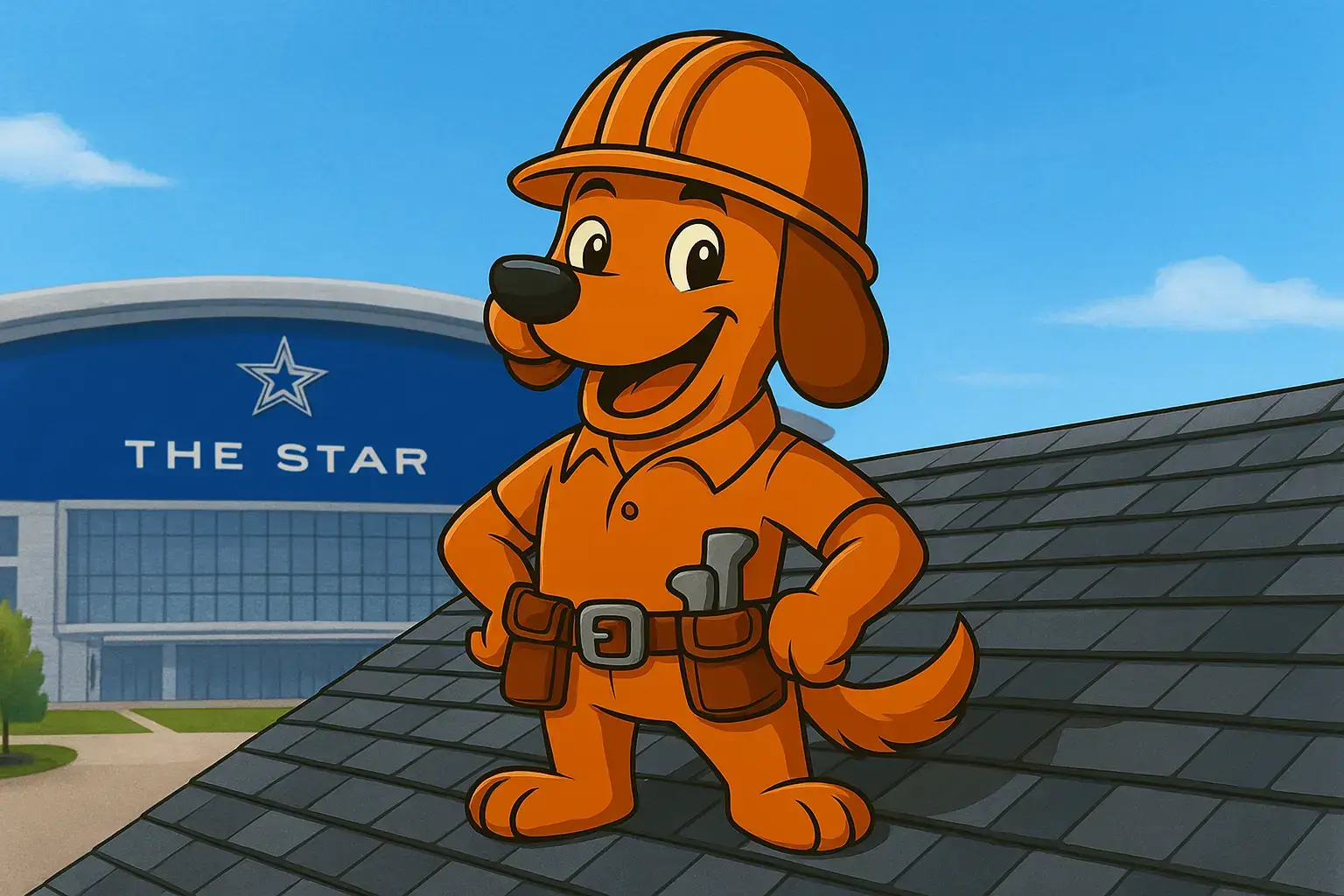Charli b inspecting a roof in Frisco near The Star for On Point Roofing