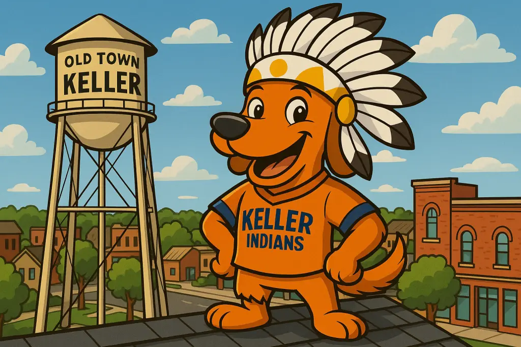 Charli b dressed as Keller Indians mascot inspecting rooftops for On Point Roofing