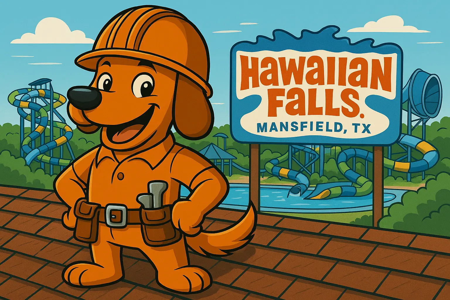 Charli b roofing dog overseeing Mansfield, TX with Hawaiian Falls in the distance