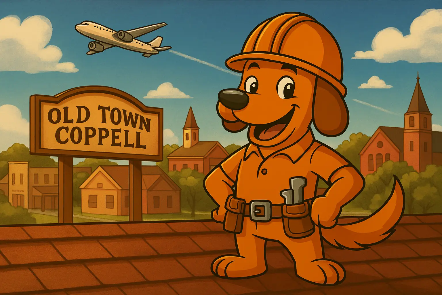 On Point Roofing’s mascot overlooking rooftops in Old Town Coppell with airplane
