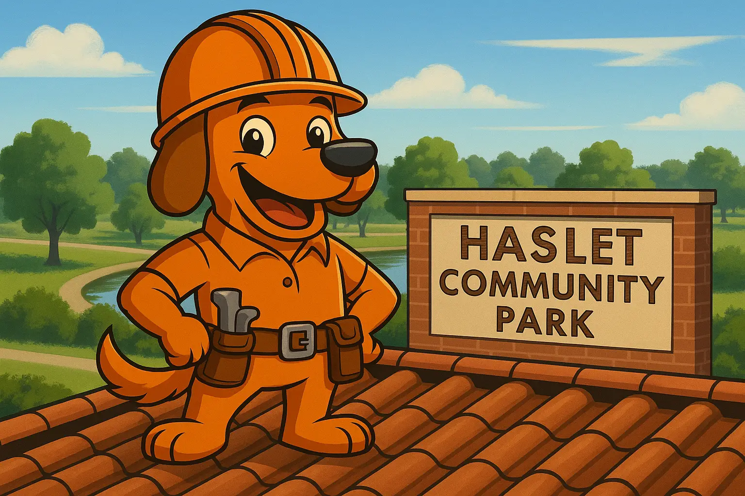 Charli b on a Haslet rooftop with Haslet Community Park in the background, representing On Point Roofing’s expert repair services
