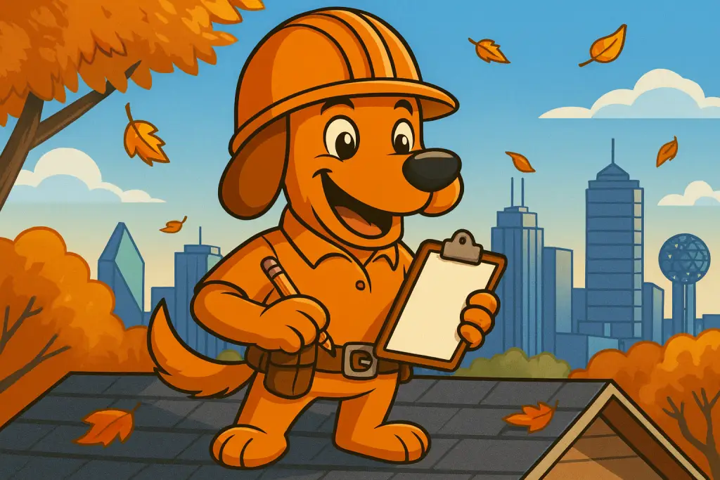 Charli b, the orange roofing dog mascot of On Point Roofing, performing a fall roof inspection on a Dallas home with autumn leaves and the skyline in the background.