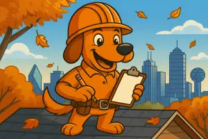 Charli b on the job — inspecting a Dallas roof this fall for On Point Roofing.