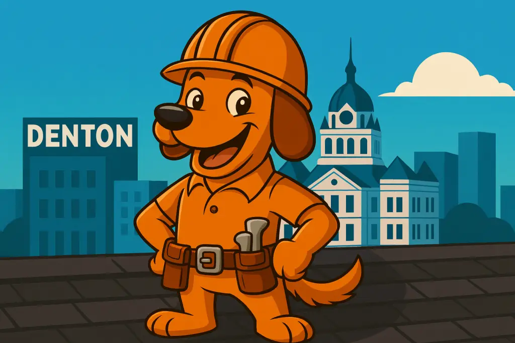 Charli b, the orange roofing dog mascot, standing proudly on a Denton TX roof with the historic courthouse in the background.