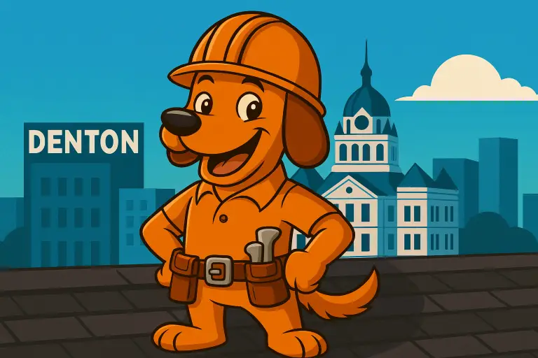 Charli b, the orange roofing dog mascot, standing proudly on a Denton TX roof with the historic courthouse in the background.