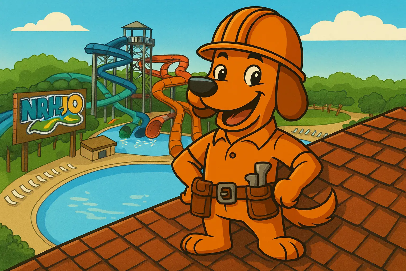 On Point Roofing mascot Charli b standing on a roof with NRH2O water park in North Richland Hills, TX in the background.
