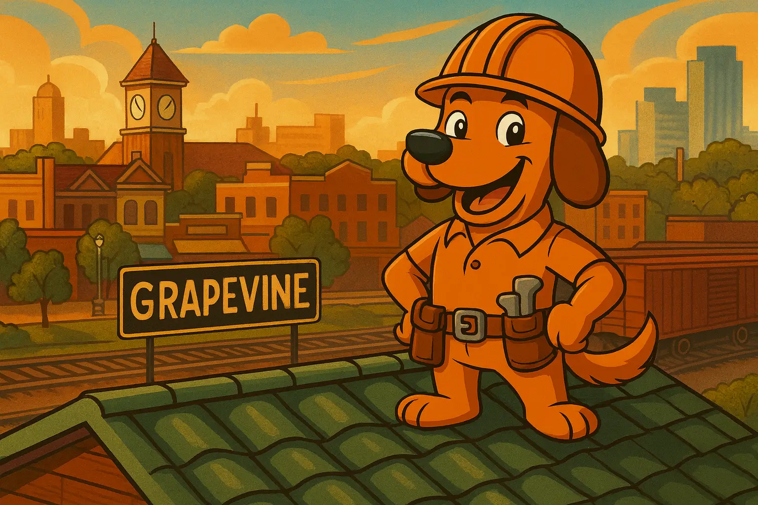 Charli b the orange roofing dog mascot standing on a roof in Grapevine TX with Grapevine Railroad and downtown in the background.