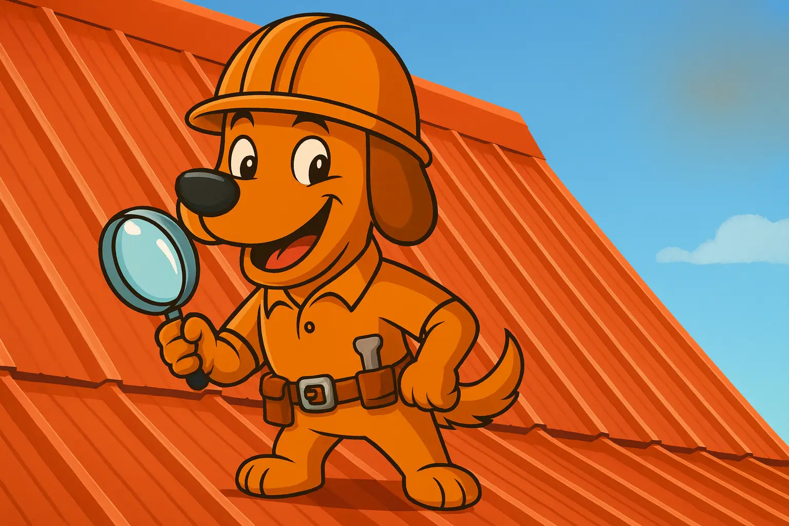 Charli b, the orange construction dog mascot for On Point Roofing, inspecting a red metal roof with a magnifying glass under a bright Texas sky.