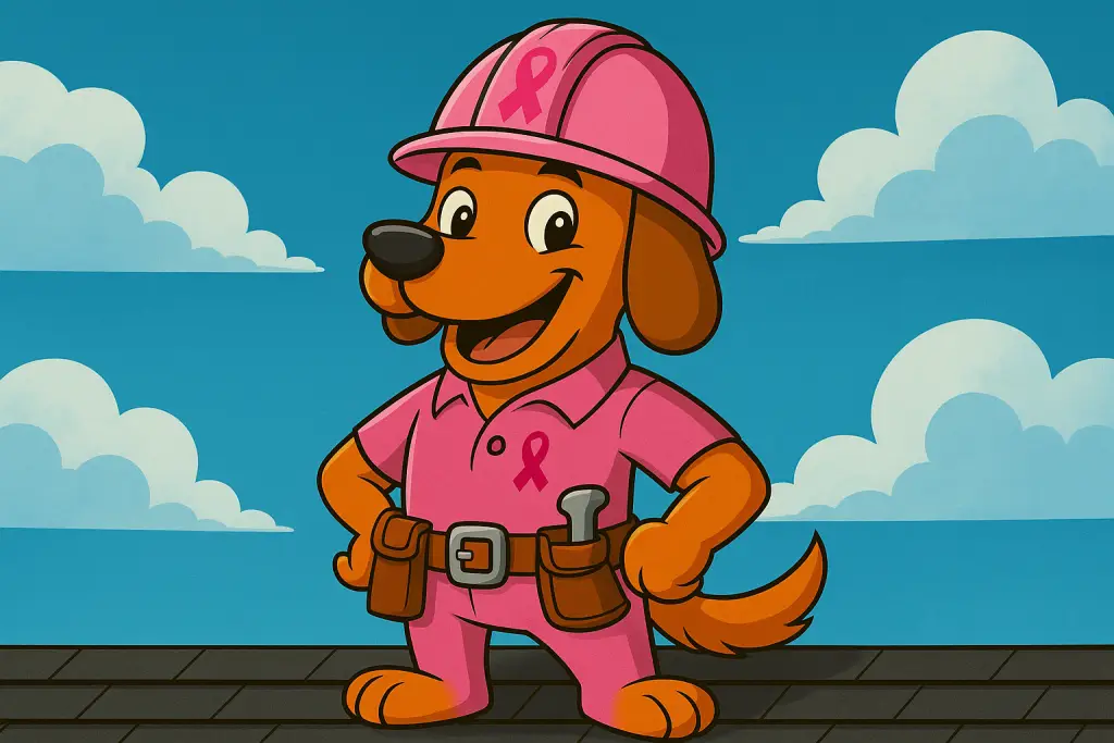 Charli b, On Point Roofing’s mascot dog, in a pink hard hat and outfit with a breast cancer ribbon, standing on a roof in support of Breast Cancer Awareness Month.