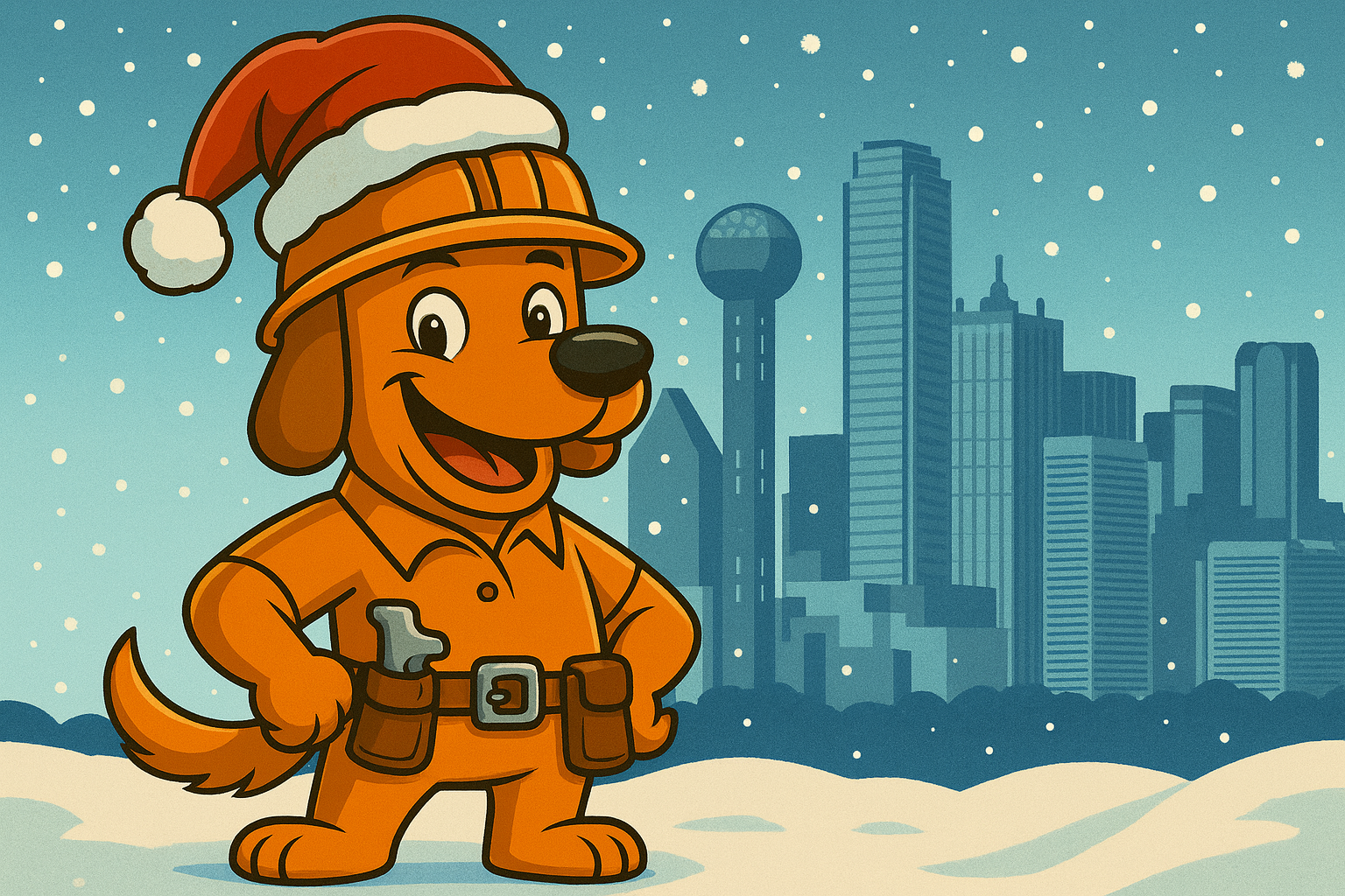Charli b the orange roofing dog wearing a Santa hat in front of the snowy Dallas skyline — On Point Roofing holiday illustration.